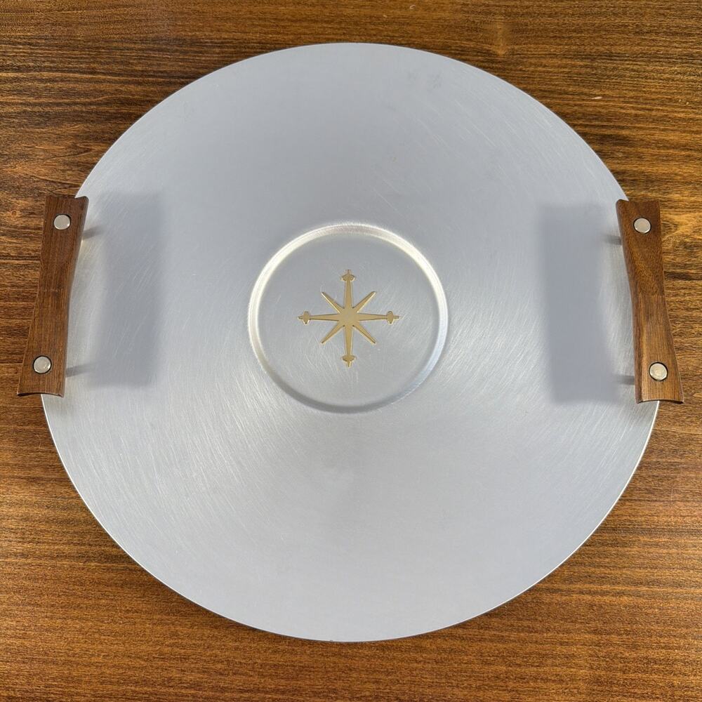 MCM Mirro Medallion Atomic Starburst Round Serving Tray Wood Handles 17"USA